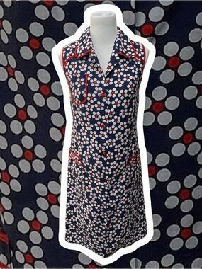 Navy Polka Dot Sleeveless Button Retro Style House Dress with Red Piping